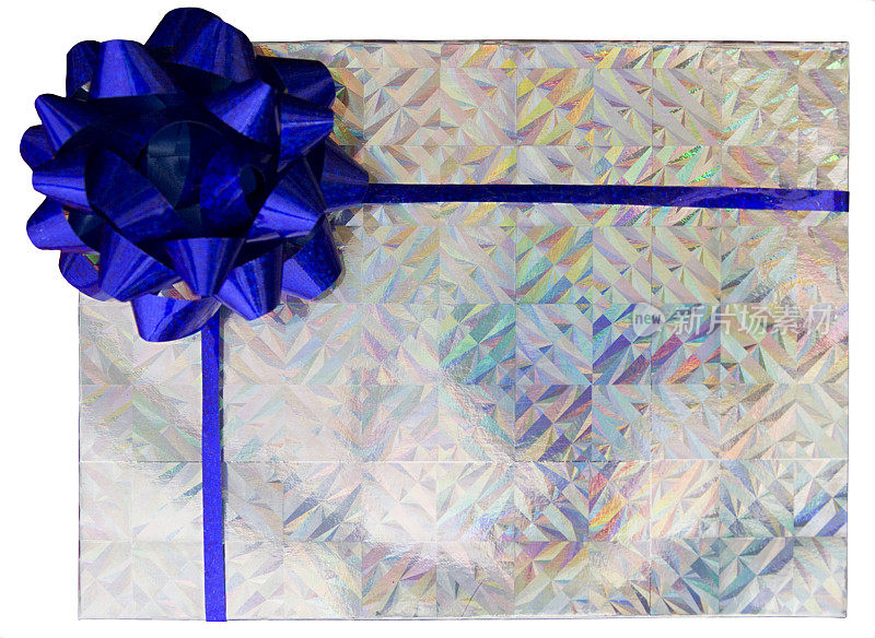 Silver holographic box with blue bow